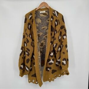 A Beautiful‎ Soul Mustard/Brown Chunky Leopard Print Distressed Sweater Cardigan